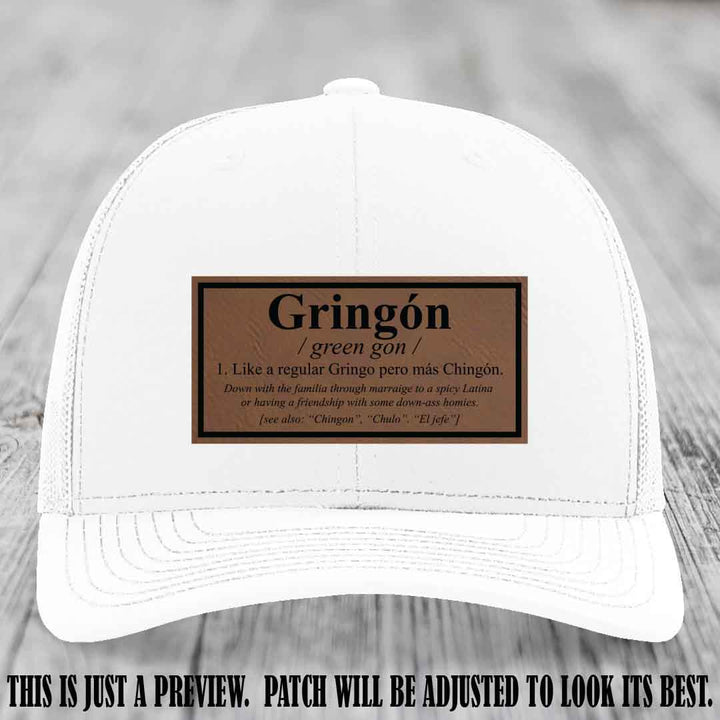 Gringón Funny Leather Patch Hat 😏🔥 Dark Brown to Black Patch on White Hat - Funny Custom Leather Patch Hat
