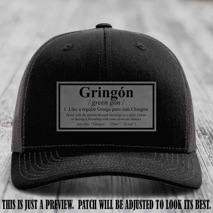 Gringón Funny Leather Patch Hat 😏🔥 Grey to Black Patch on Black to Charcoal Hat - Funny Custom Leather Patch Hat