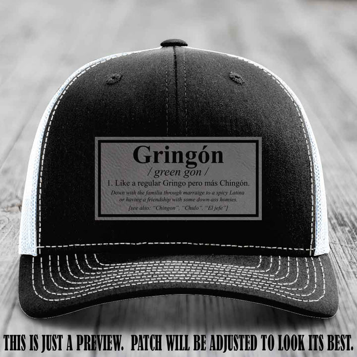 Gringón Funny Leather Patch Hat 😏🔥 Grey to Black Patch on Black to White Hat - Funny Custom Leather Patch Hat