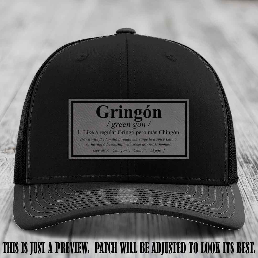 Gringón Funny Leather Patch Hat 😏🔥 Grey to Black Patch on Black Hat - Funny Custom Leather Patch Hat