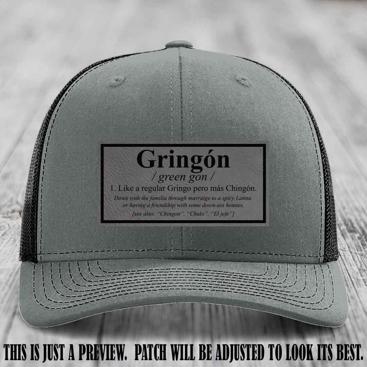 Gringón Funny Leather Patch Hat 😏🔥 Grey to Black Patch on Heather Grey to Black Hat - Funny Custom Leather Patch Hat
