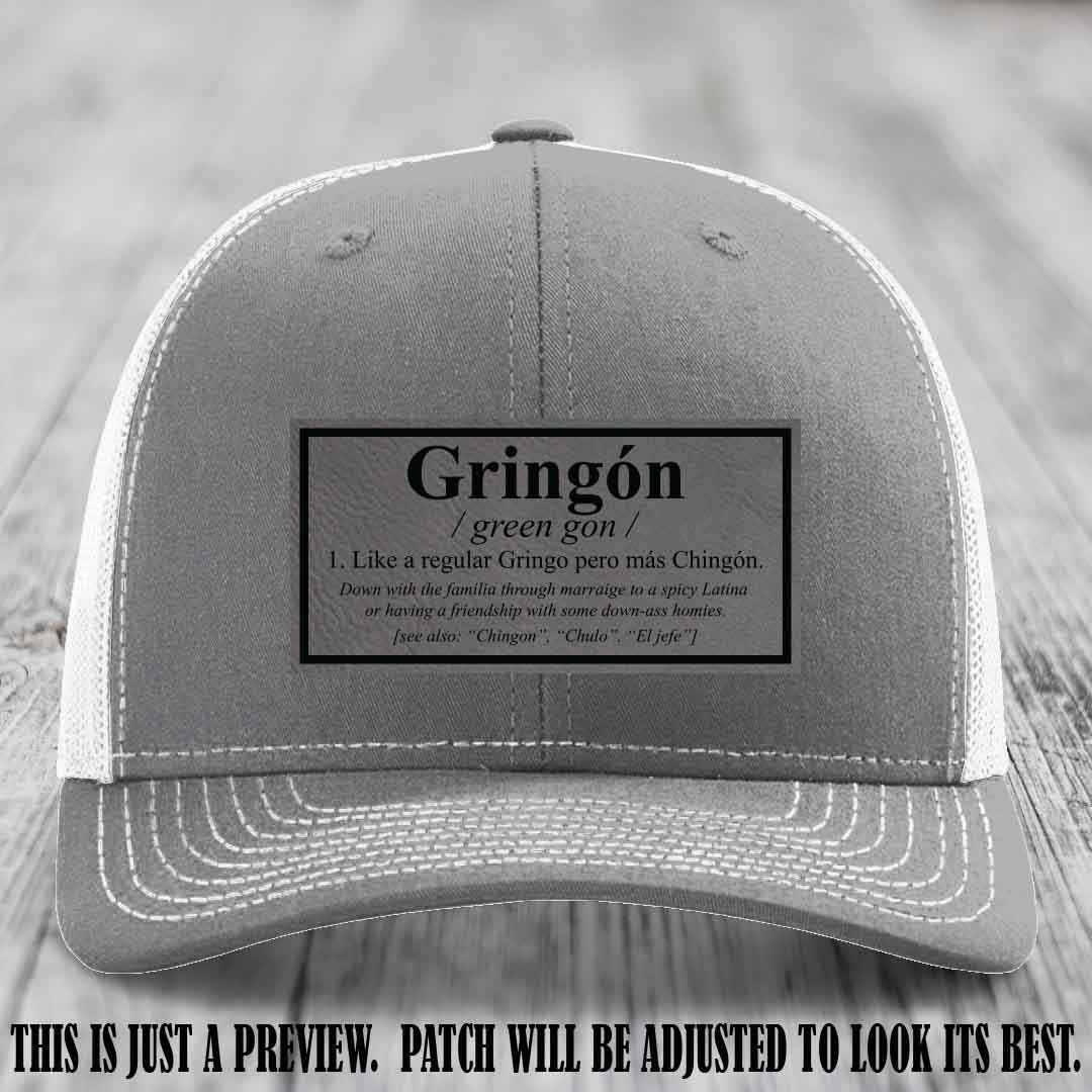 Gringón Funny Leather Patch Hat 😏🔥 Grey to Black Patch on Heather Grey to White Hat - Funny Custom Leather Patch Hat