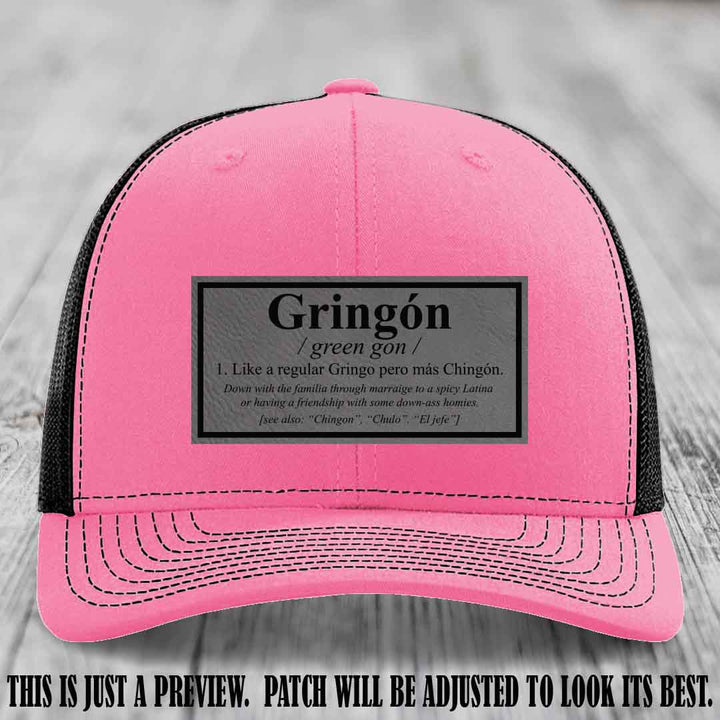 Gringón Funny Leather Patch Hat 😏🔥 Grey to Black Patch on Hot Pink to Black Hat - Funny Custom Leather Patch Hat