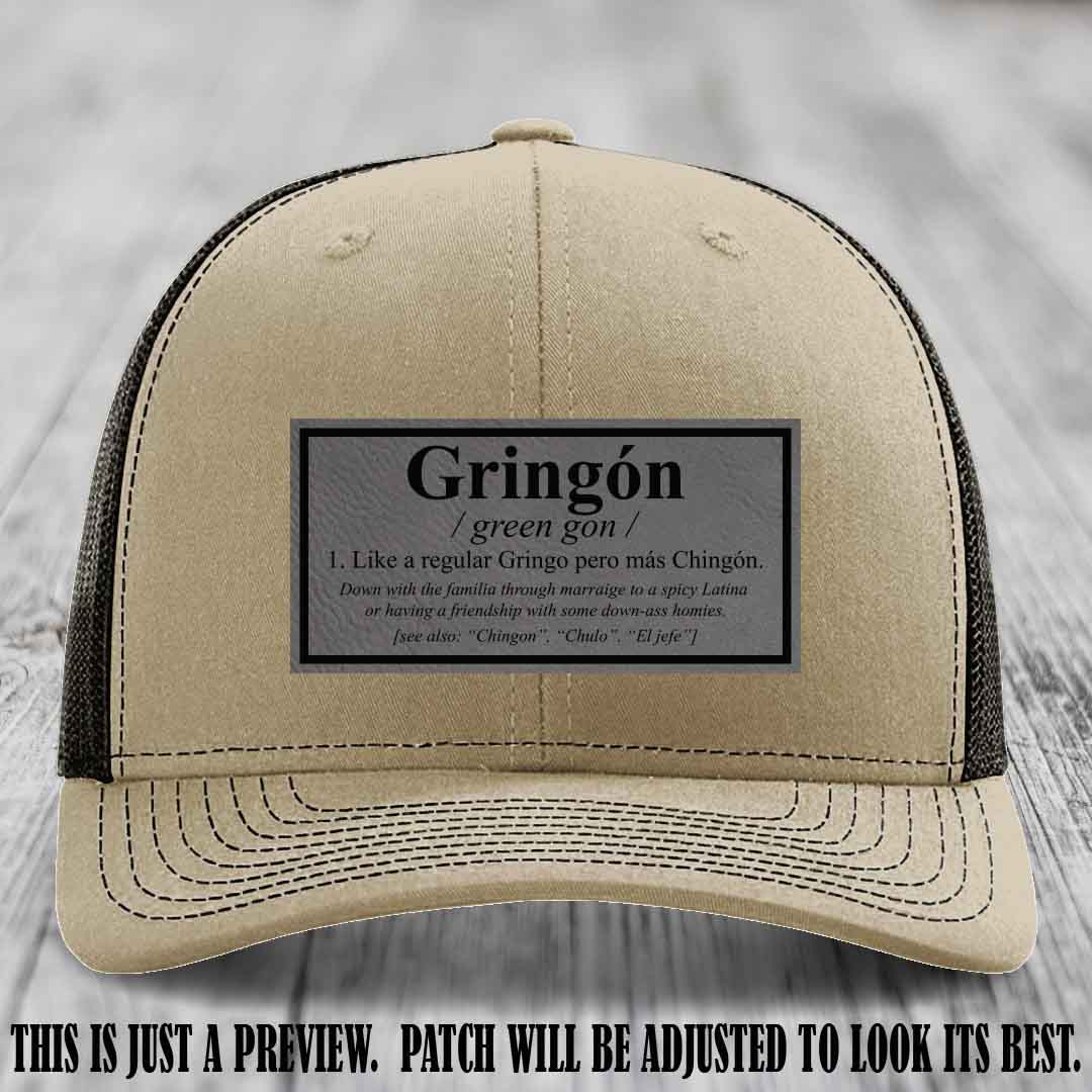Gringón Funny Leather Patch Hat 😏🔥 Grey to Black Patch on Khaki to Coffee Hat - Funny Custom Leather Patch Hat