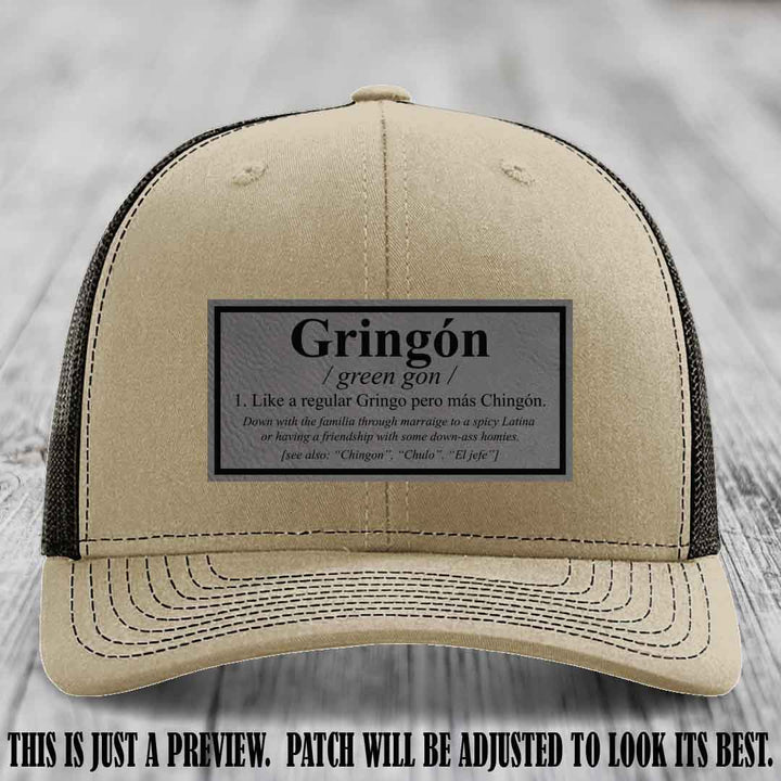 Gringón Funny Leather Patch Hat 😏🔥 Grey to Black Patch on Khaki to Coffee Hat - Funny Custom Leather Patch Hat