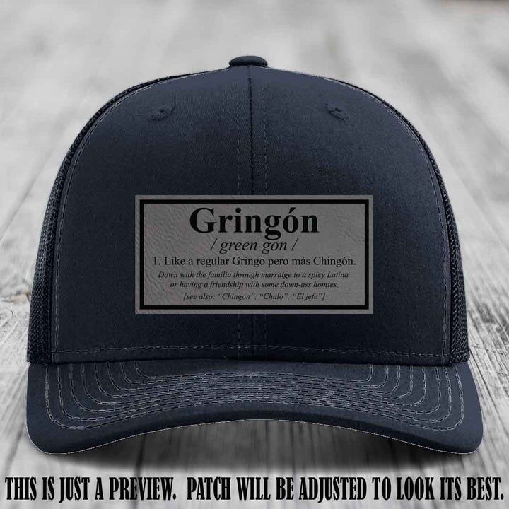 Gringón Funny Leather Patch Hat 😏🔥 Grey to Black Patch on Navy Hat - Funny Custom Leather Patch Hat