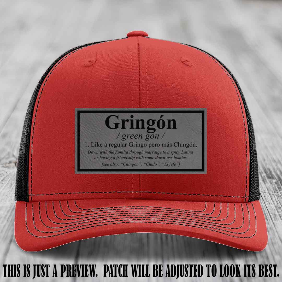Gringón Funny Leather Patch Hat 😏🔥 Grey to Black Patch on Red to Black Hat - Funny Custom Leather Patch Hat