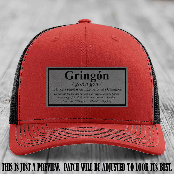 Gringón Funny Leather Patch Hat 😏🔥 Grey to Black Patch on Red to Black Hat - Funny Custom Leather Patch Hat