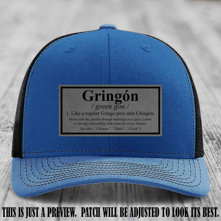 Gringón Funny Leather Patch Hat 😏🔥 Grey to Black Patch on Royal to Black Hat - Funny Custom Leather Patch Hat