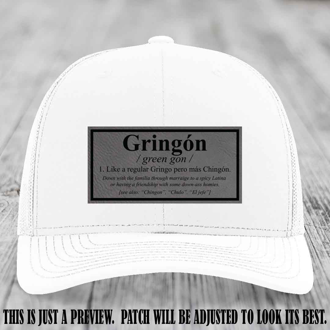 Gringón Funny Leather Patch Hat 😏🔥 Grey to Black Patch on White Hat - Funny Custom Leather Patch Hat