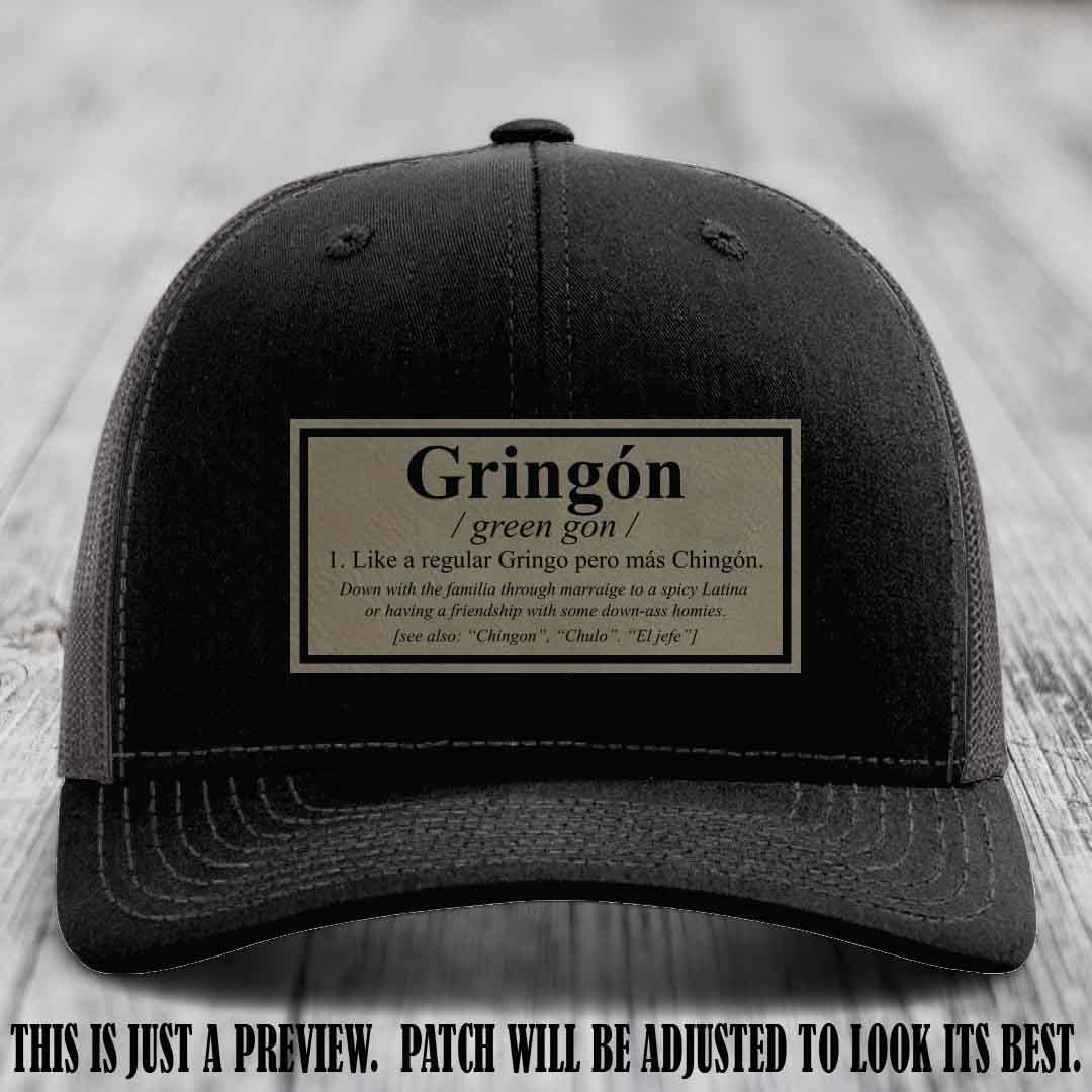 Gringón Funny Leather Patch Hat 😏🔥 Light Brown to Black Patch on Black to Charcoal Hat - Funny Custom Leather Patch Hat
