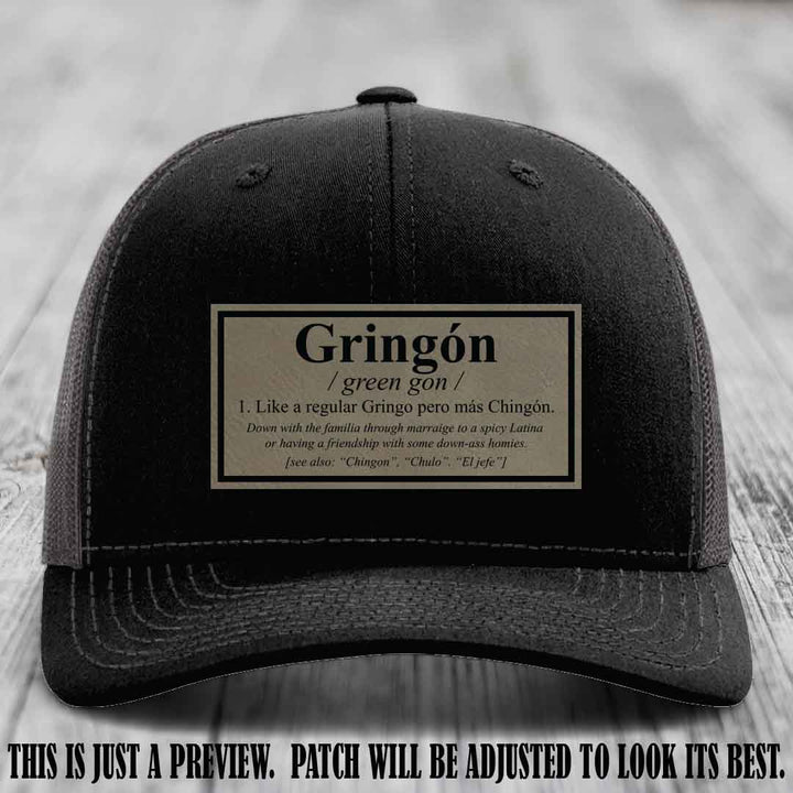 Gringón Funny Leather Patch Hat 😏🔥 Light Brown to Black Patch on Black to Charcoal Hat - Funny Custom Leather Patch Hat