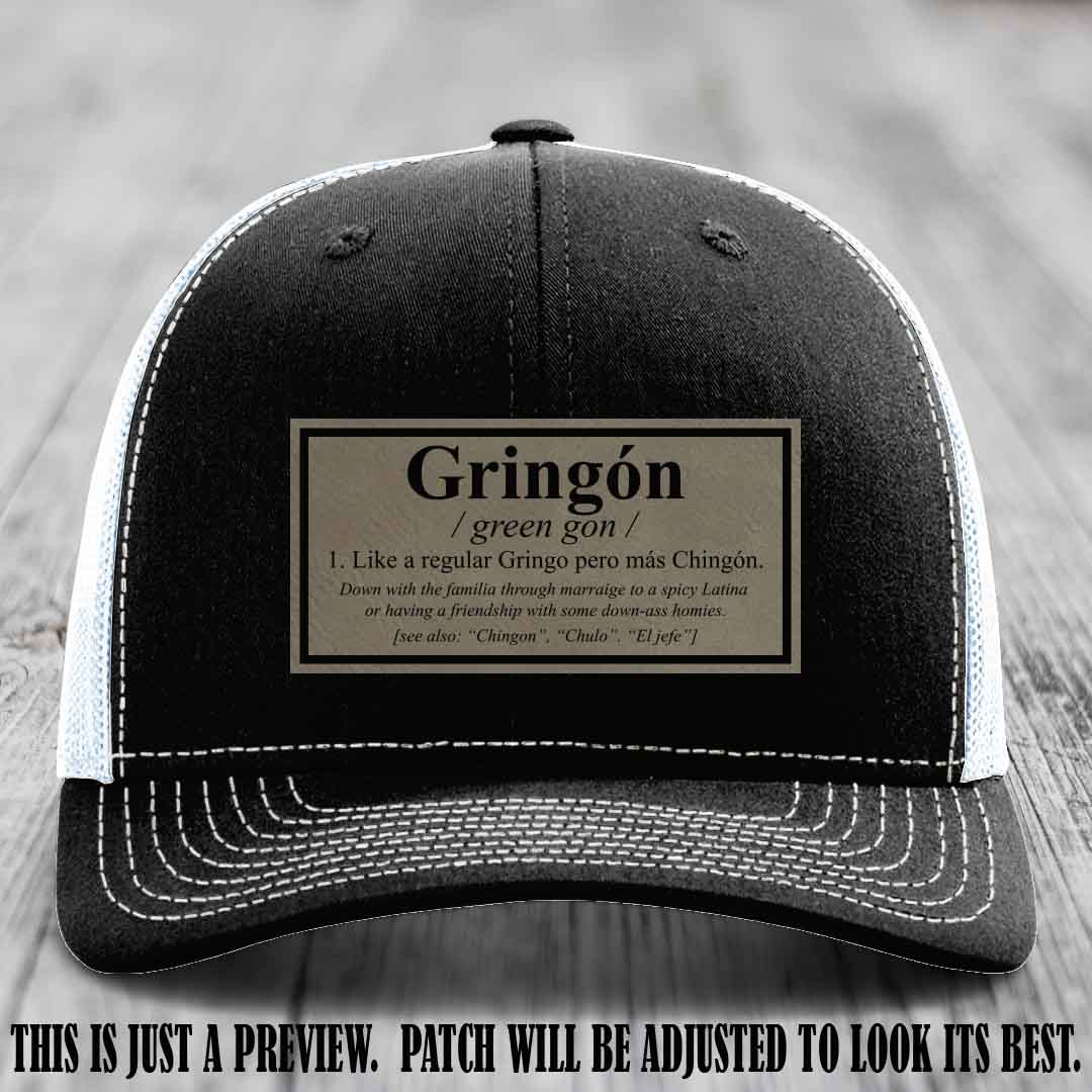 Gringón Funny Leather Patch Hat 😏🔥 Light Brown to Black Patch on Black to White Hat - Funny Custom Leather Patch Hat