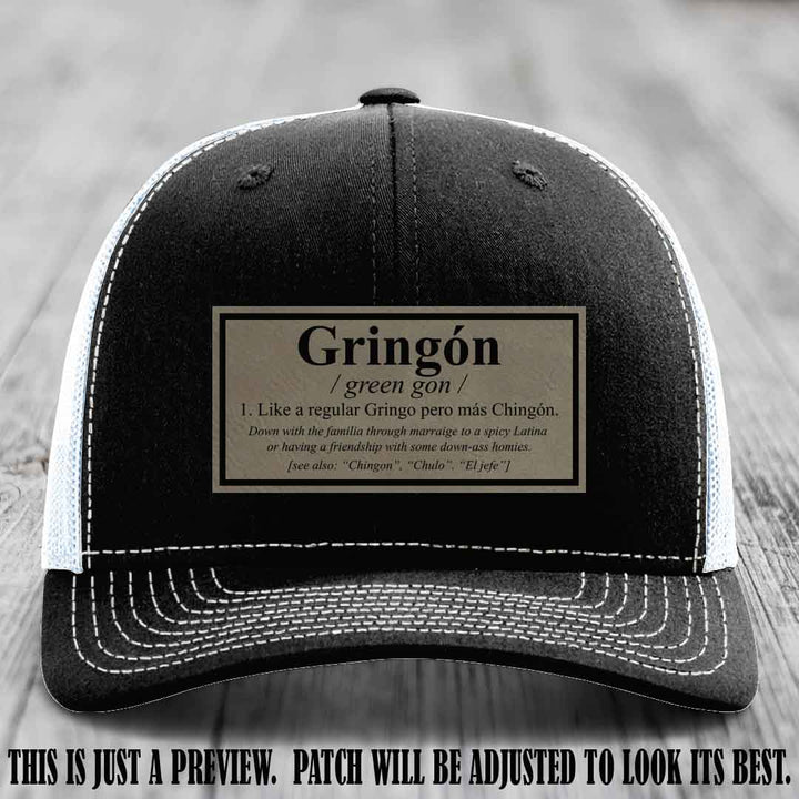 Gringón Funny Leather Patch Hat 😏🔥 Light Brown to Black Patch on Black to White Hat - Funny Custom Leather Patch Hat