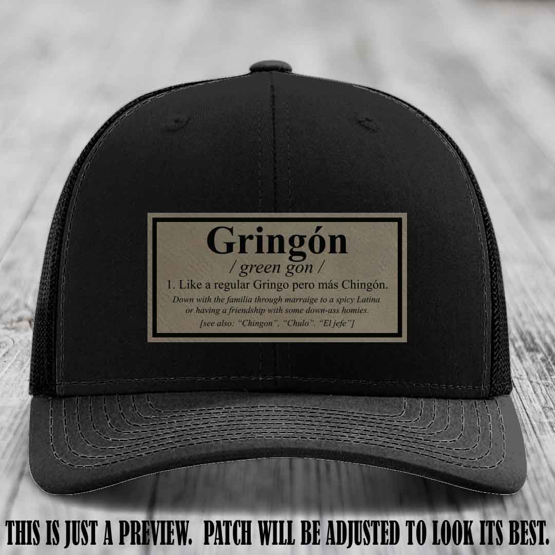 Gringón Funny Leather Patch Hat 😏🔥 Light Brown to Black Patch on Black Hat - Funny Custom Leather Patch Hat