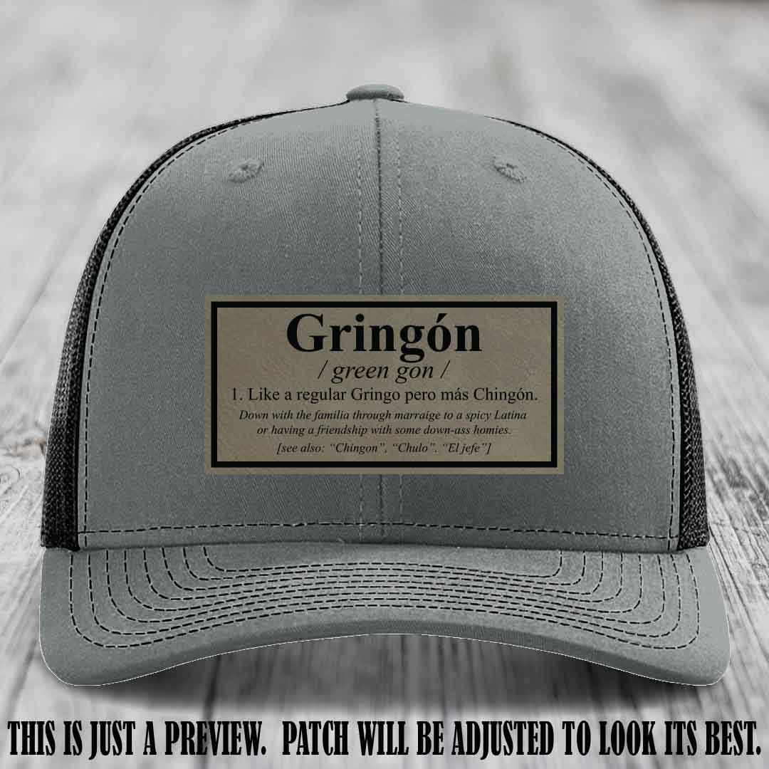 Gringón Funny Leather Patch Hat 😏🔥 Light Brown to Black Patch on Heather Grey to Black Hat - Funny Custom Leather Patch Hat