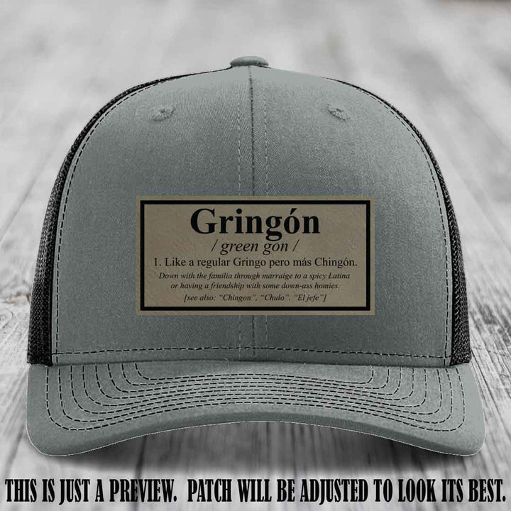 Gringón Funny Leather Patch Hat 😏🔥 Light Brown to Black Patch on Heather Grey to Black Hat - Funny Custom Leather Patch Hat