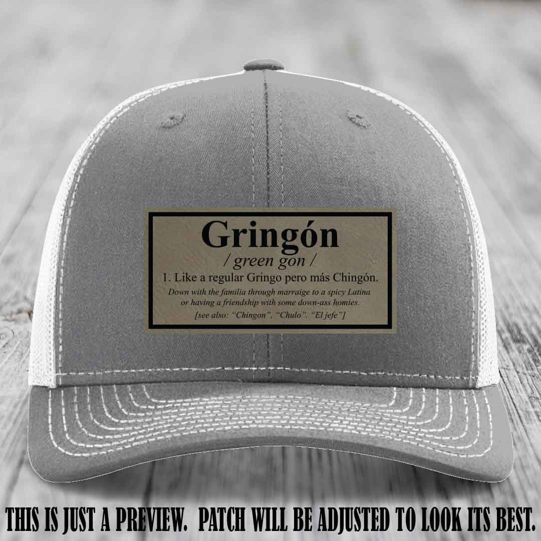 Gringón Funny Leather Patch Hat 😏🔥 Light Brown to Black Patch on Heather Grey to White Hat - Funny Custom Leather Patch Hat