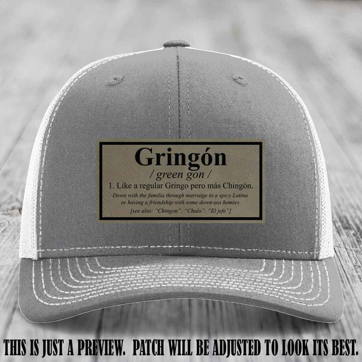 Gringón Funny Leather Patch Hat 😏🔥 Light Brown to Black Patch on Heather Grey to White Hat - Funny Custom Leather Patch Hat