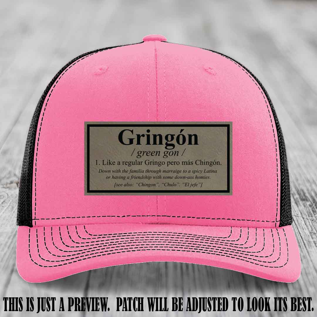 Gringón Funny Leather Patch Hat 😏🔥 Light Brown to Black Patch on Hot Pink to Black Hat - Funny Custom Leather Patch Hat