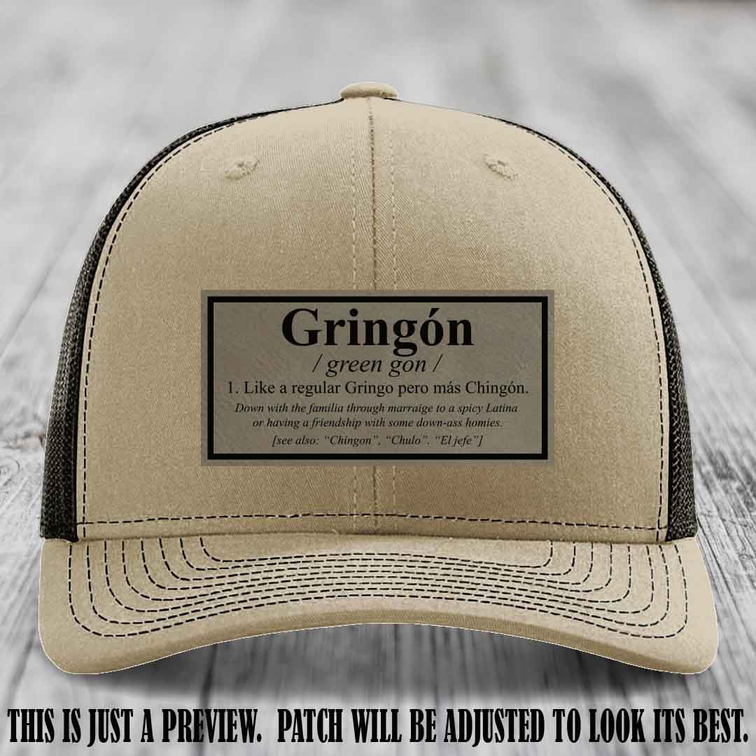 Gringón Funny Leather Patch Hat 😏🔥 Light Brown to Black Patch on Khaki to Coffee Hat - Funny Custom Leather Patch Hat