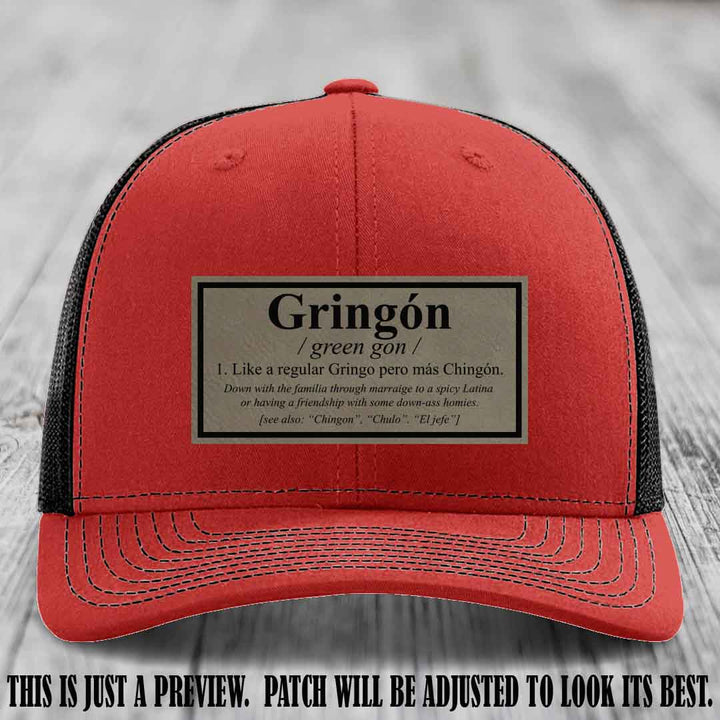Gringón Funny Leather Patch Hat 😏🔥 Light Brown to Black Patch on Red to Black Hat - Funny Custom Leather Patch Hat