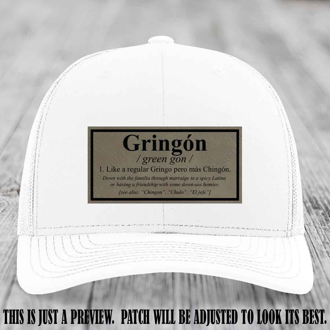 Gringón Funny Leather Patch Hat 😏🔥 Light Brown to Black Patch on White Hat - Funny Custom Leather Patch Hat