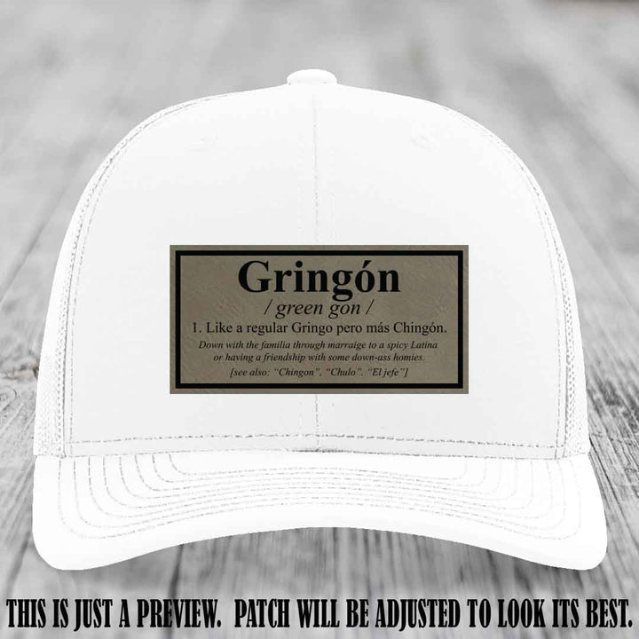 Gringón Funny Leather Patch Hat 😏🔥 Light Brown to Black Patch on White Hat - Funny Custom Leather Patch Hat