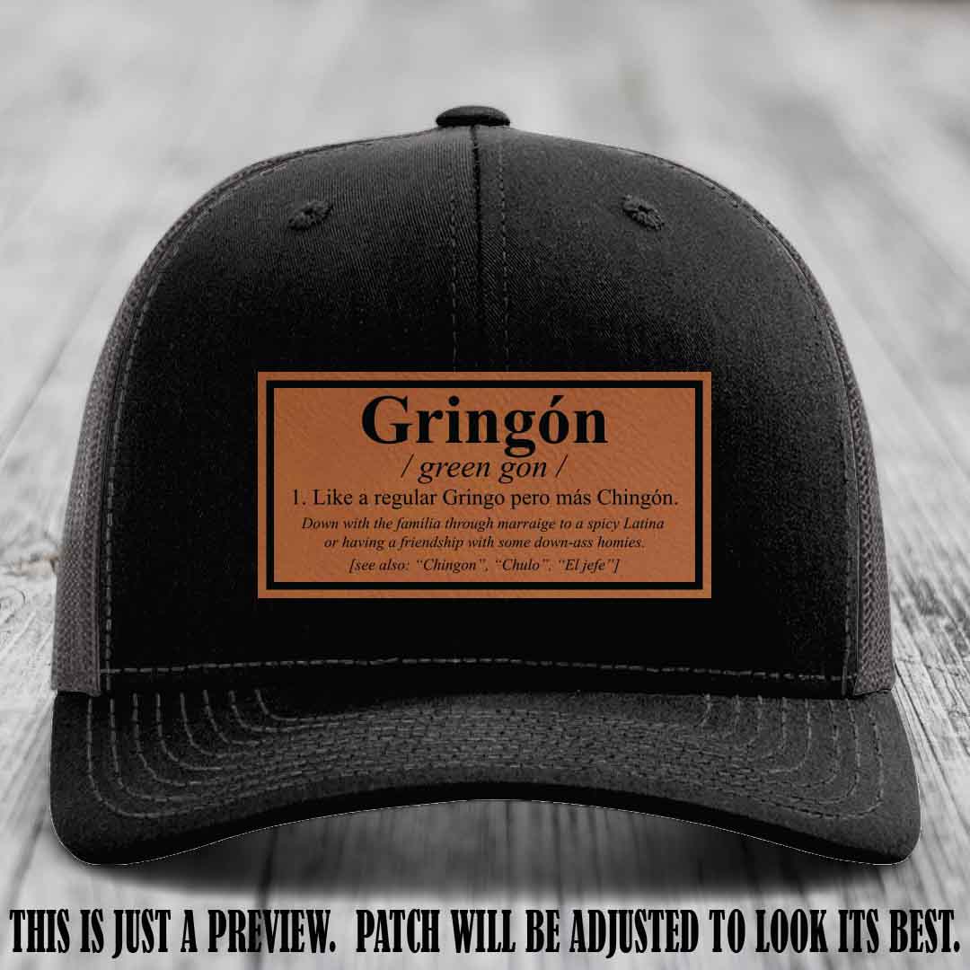 Gringón Funny Leather Patch Hat 😏🔥 Rawhide to Black Patch on Black to Charcoal Hat - Funny Custom Leather Patch Hat