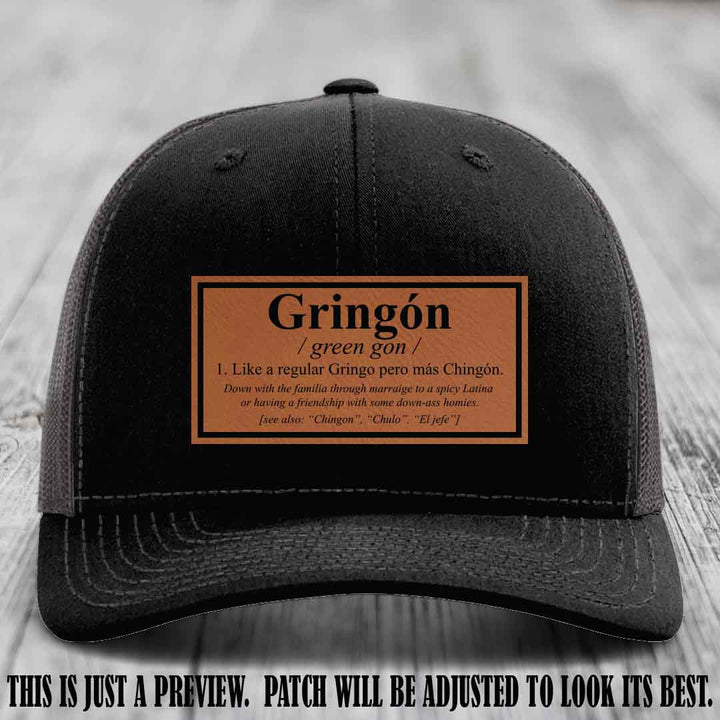 Gringón Funny Leather Patch Hat 😏🔥 Rawhide to Black Patch on Black to Charcoal Hat - Funny Custom Leather Patch Hat