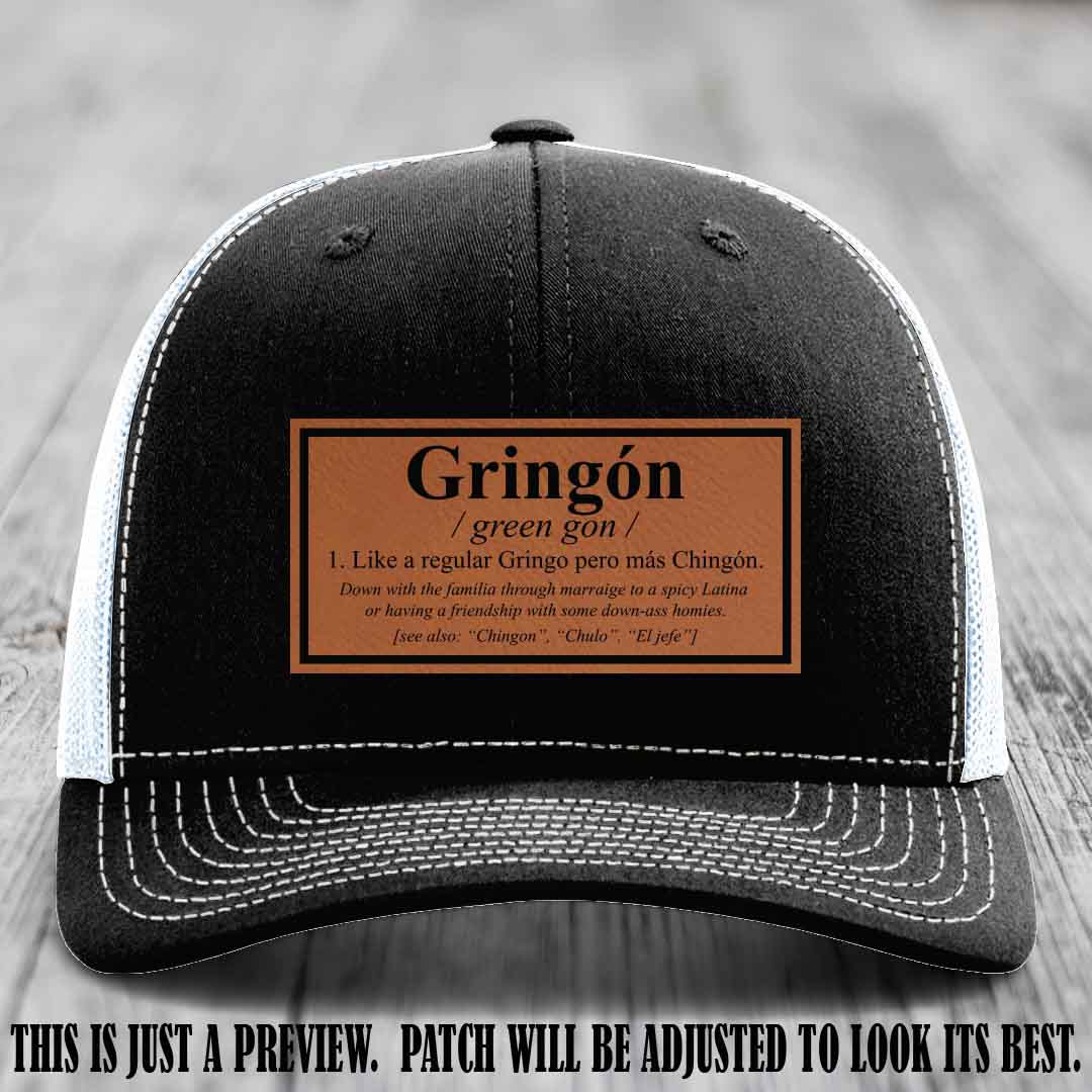 Gringón Funny Leather Patch Hat 😏🔥 Rawhide to Black Patch on Black to White Hat - Funny Custom Leather Patch Hat