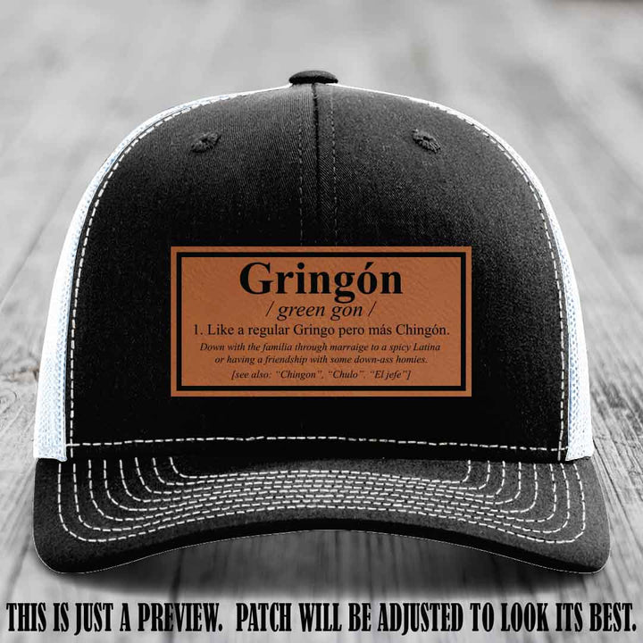 Gringón Funny Leather Patch Hat 😏🔥 Rawhide to Black Patch on Black to White Hat - Funny Custom Leather Patch Hat
