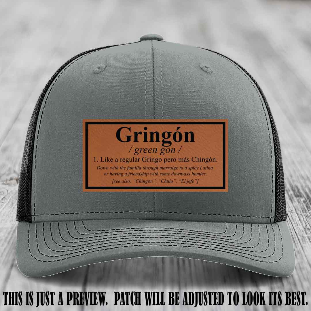 Gringón Funny Leather Patch Hat 😏🔥 Rawhide to Black Patch on Heather Grey to Black Hat - Funny Custom Leather Patch Hat
