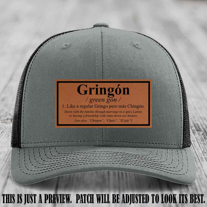 Gringón Funny Leather Patch Hat 😏🔥 Rawhide to Black Patch on Heather Grey to Black Hat - Funny Custom Leather Patch Hat