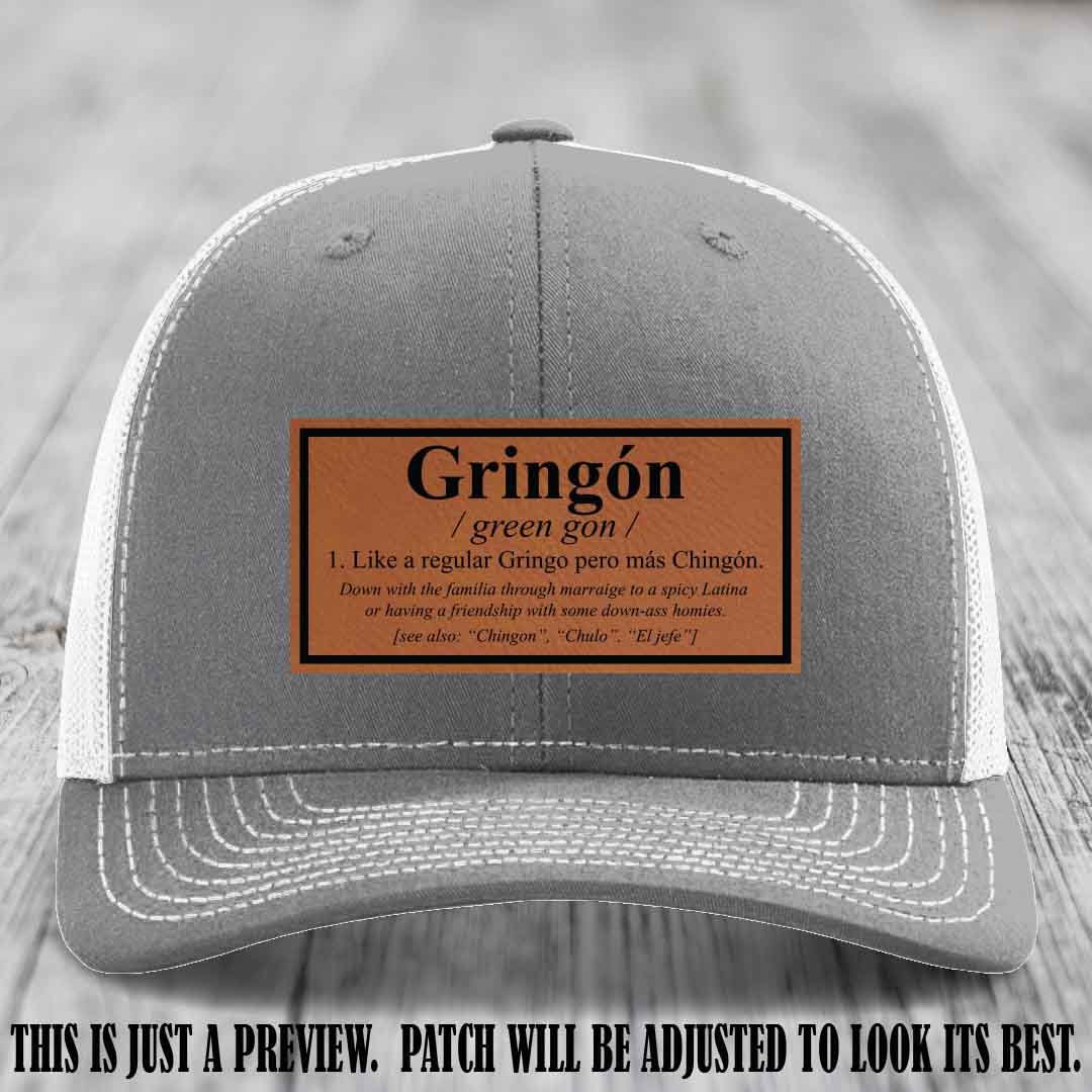 Gringón Funny Leather Patch Hat 😏🔥 Rawhide to Black Patch on Heather Grey to White Hat - Funny Custom Leather Patch Hat
