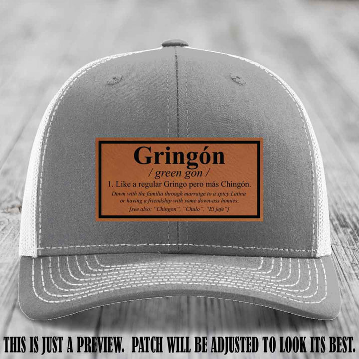 Gringón Funny Leather Patch Hat 😏🔥 Rawhide to Black Patch on Heather Grey to White Hat - Funny Custom Leather Patch Hat