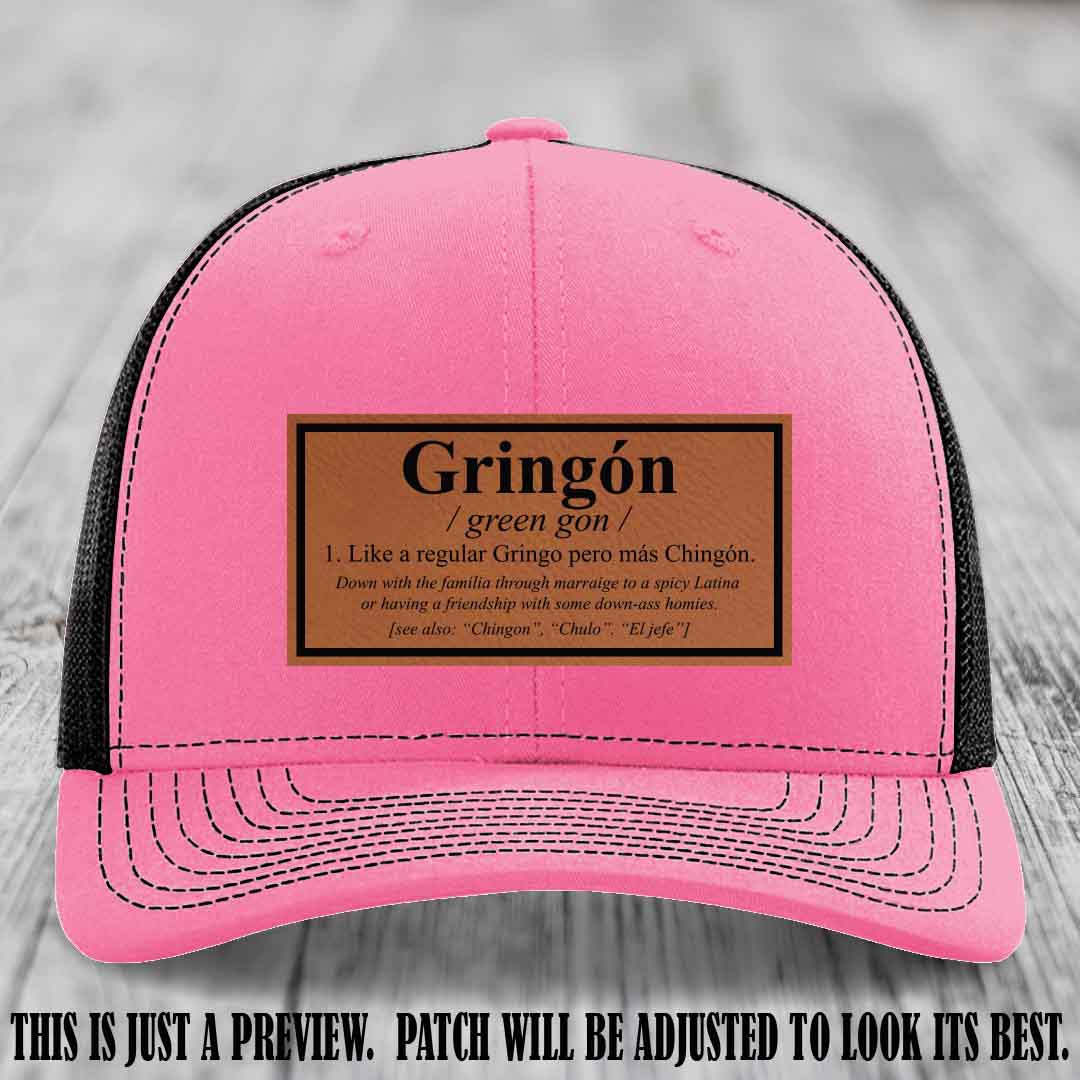 Gringón Funny Leather Patch Hat 😏🔥 Rawhide to Black Patch on Hot Pink to Black Hat - Funny Custom Leather Patch Hat