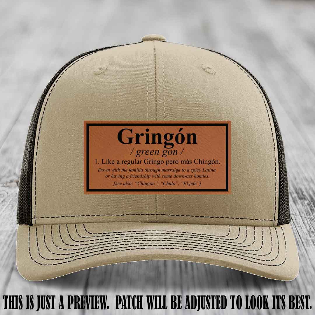 Gringón Funny Leather Patch Hat 😏🔥 Rawhide to Black Patch on Khaki to Coffee Hat - Funny Custom Leather Patch Hat