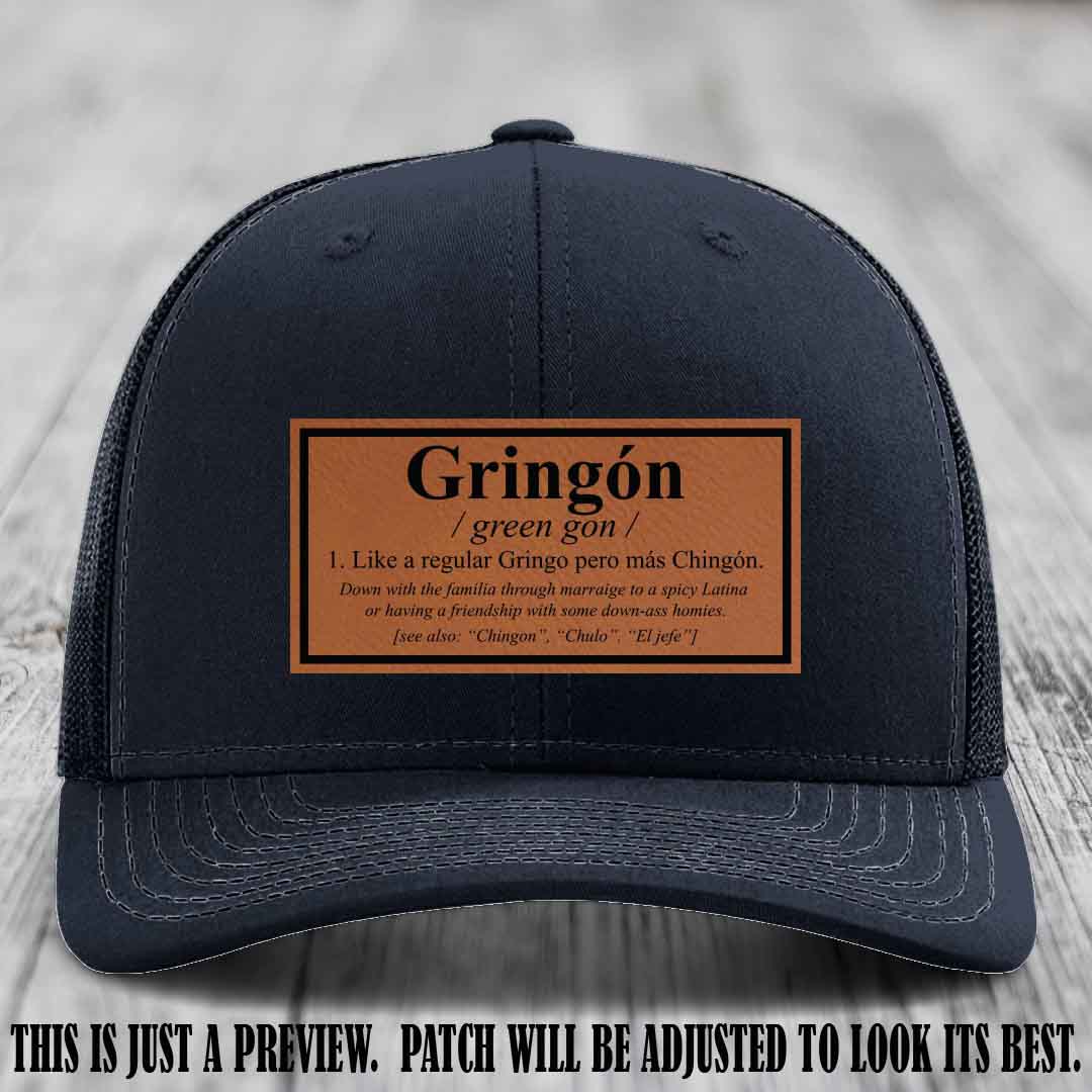 Gringón Funny Leather Patch Hat 😏🔥 Rawhide to Black Patch on Navy Hat - Funny Custom Leather Patch Hat