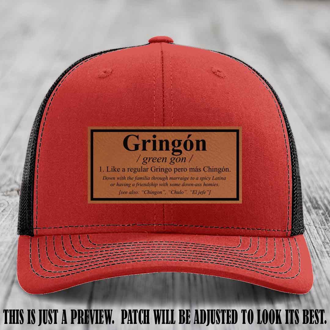 Gringón Funny Leather Patch Hat 😏🔥 Rawhide to Black Patch on Red to Black Hat - Funny Custom Leather Patch Hat