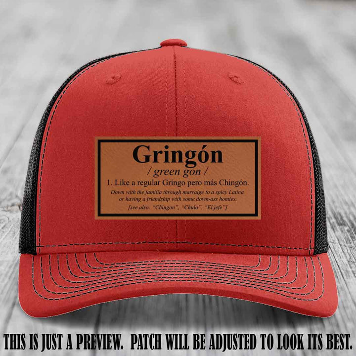 Gringón Funny Leather Patch Hat 😏🔥 Rawhide to Black Patch on Red to Black Hat - Funny Custom Leather Patch Hat