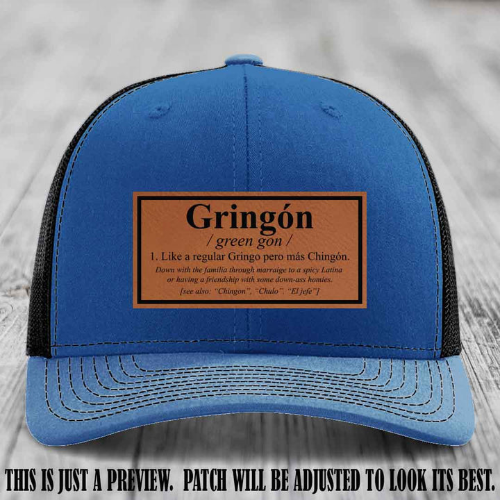 Gringón Funny Leather Patch Hat 😏🔥 Rawhide to Black Patch on Royal to Black Hat - Funny Custom Leather Patch Hat