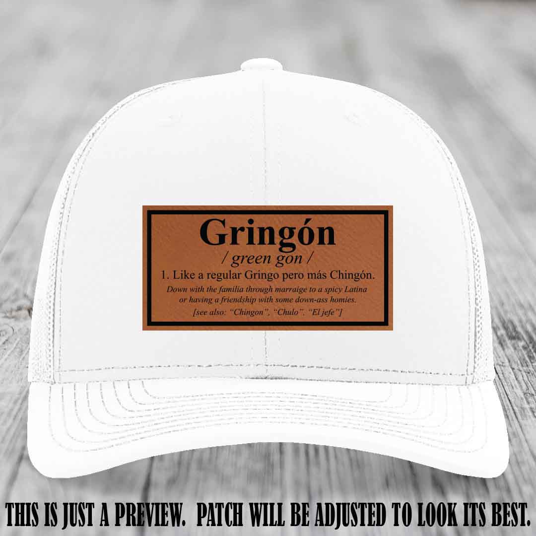 Gringón Funny Leather Patch Hat 😏🔥 Rawhide to Black Patch on White Hat - Funny Custom Leather Patch Hat