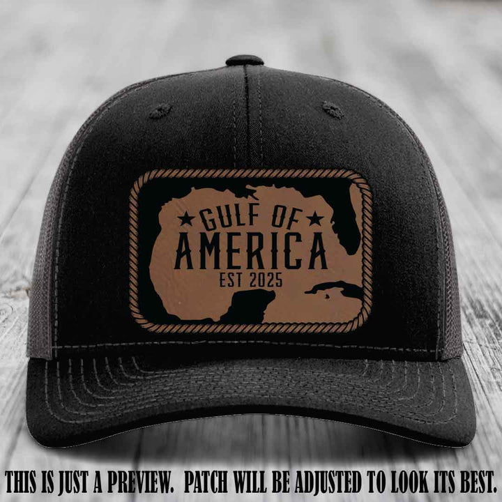 Gulf of America leather patch hat on a Black to Charcoal Richardson 112 cap with Dark Brown to Black patch.