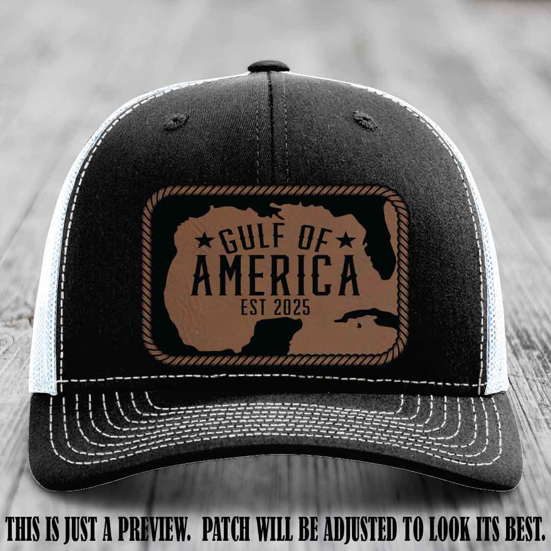Gulf of America leather patch hat on a Black to White Richardson 112 cap with Dark Brown to Black patch.