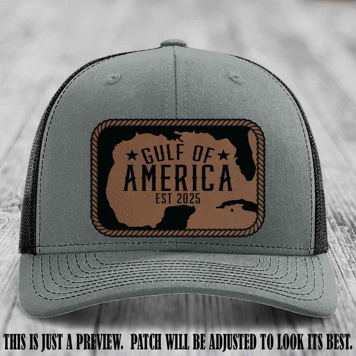Gulf of America leather patch hat on a Heather Grey to Black Richardson 112 cap with Dark Brown to Black patch.