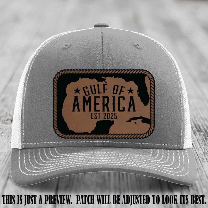 Gulf of America leather patch hat on a Heather Grey to White Richardson 112 cap with Dark Brown to Black patch.