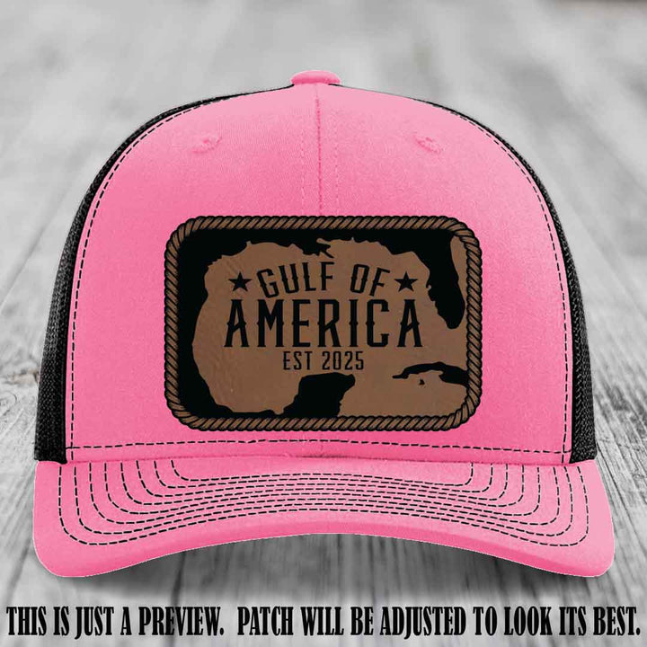 Gulf of America leather patch hat on a Hot Pink to Black Richardson 112 cap with Dark Brown to Black patch.