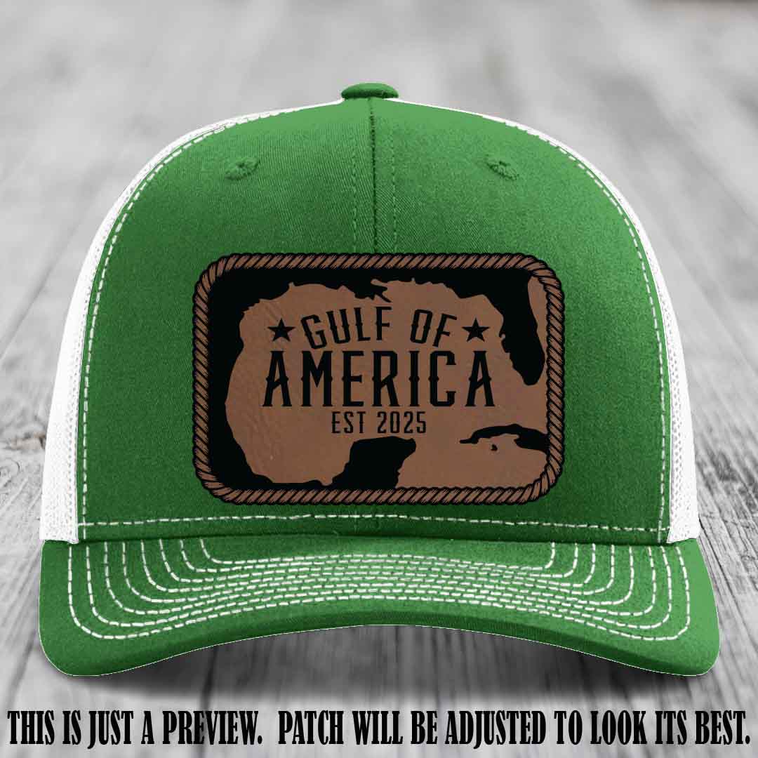 Gulf of America leather patch hat on a Kelly to White Richardson 112 cap with Dark Brown to Black patch.