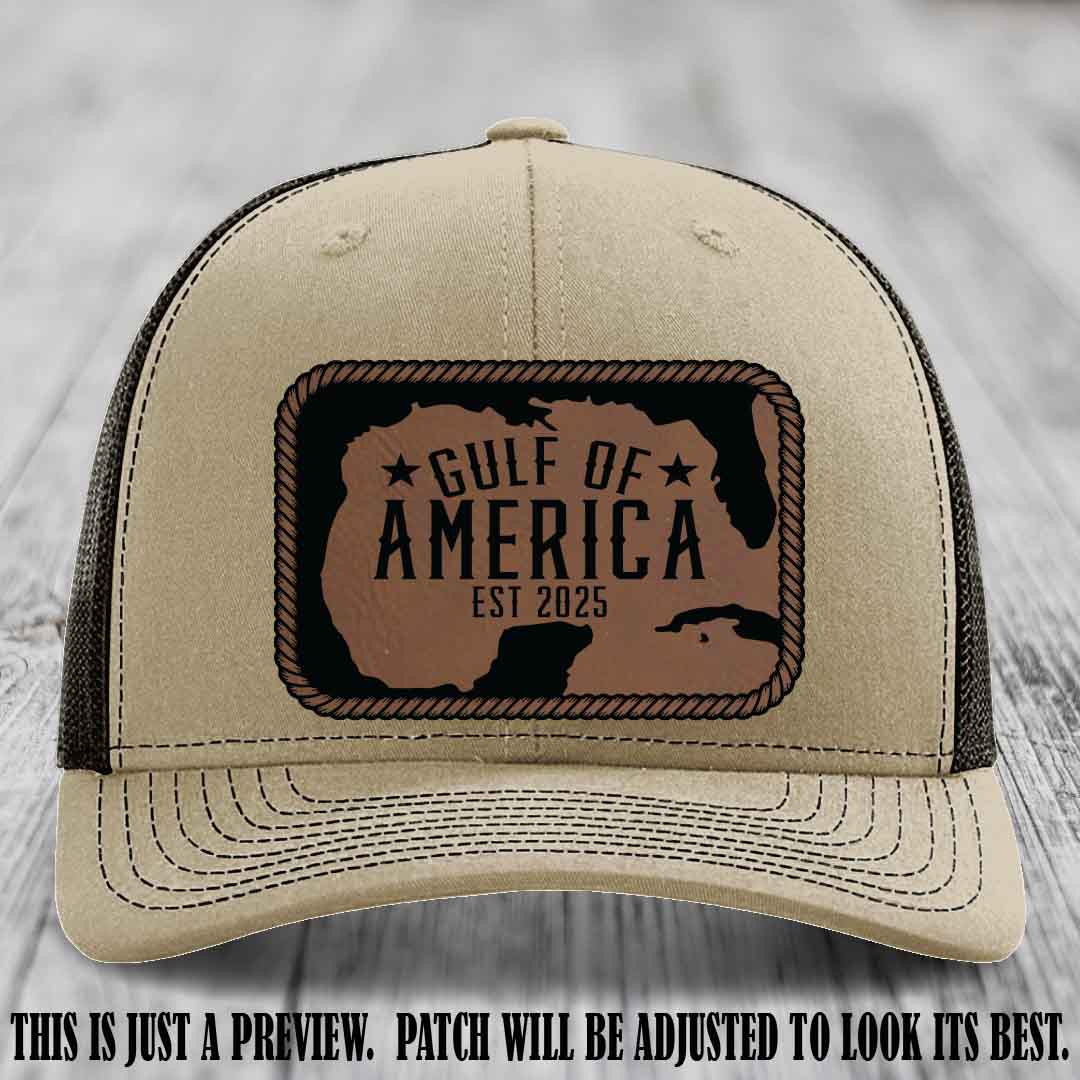 Gulf of America leather patch hat on a Khaki to Coffee Richardson 112 cap with Dark Brown to Black patch.